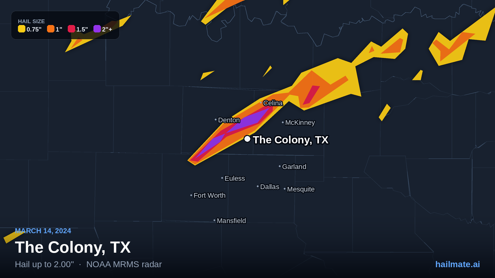 Hail swath map for The Colony, TX on March 14, 2024 showing 2.00 inch hail.
