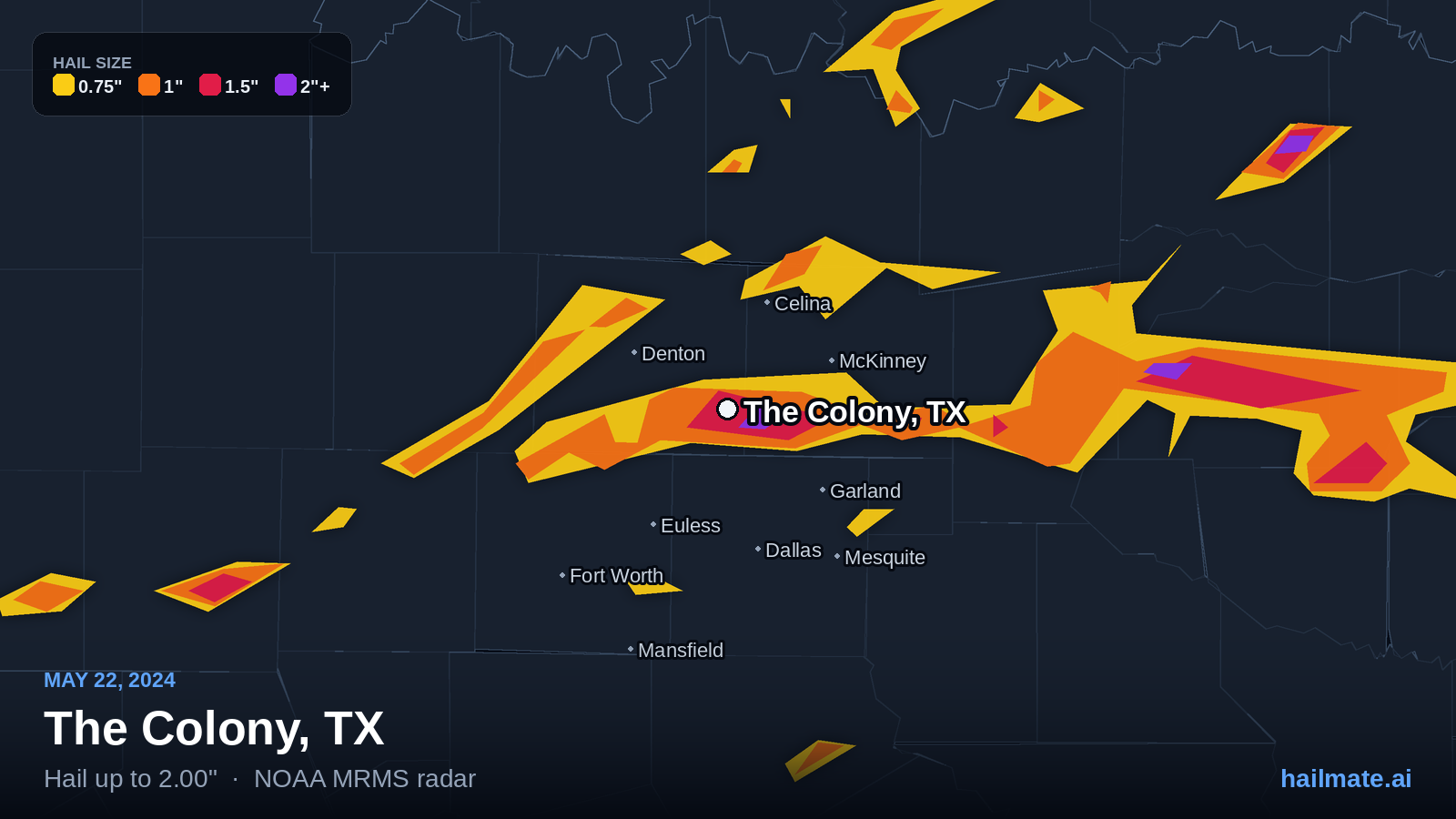 Hail swath map for The Colony, TX on May 22, 2024 showing 2.00 inch hail.