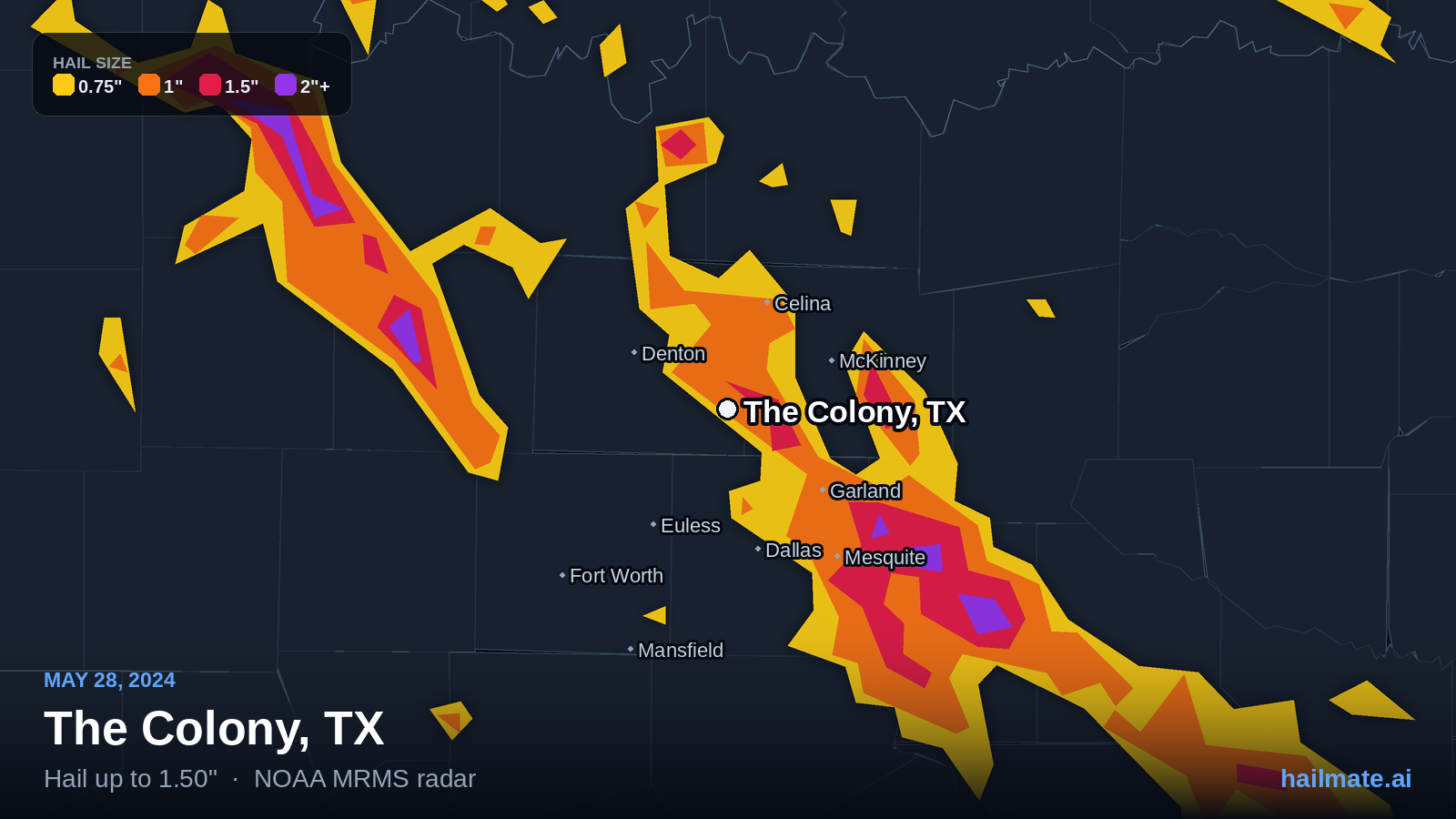 Hail swath map for The Colony, TX on May 28, 2024 showing 1.50 inch hail.