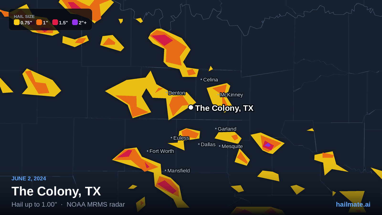 Hail swath map for The Colony, TX on June 2, 2024 showing 1.00 inch hail.