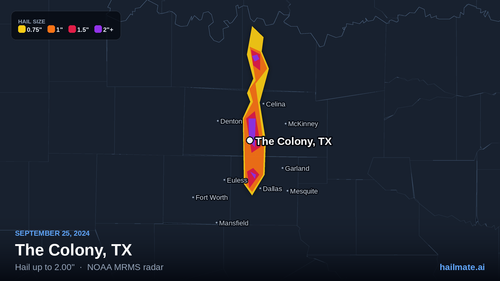 Hail swath map for The Colony, TX on September 25, 2024 showing 2.00 inch hail.