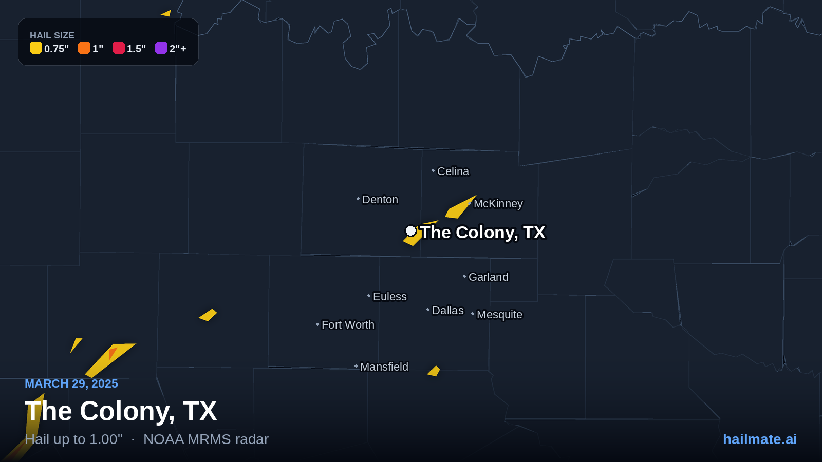 Hail swath map for The Colony, TX on March 29, 2025 showing 1.00 inch hail.