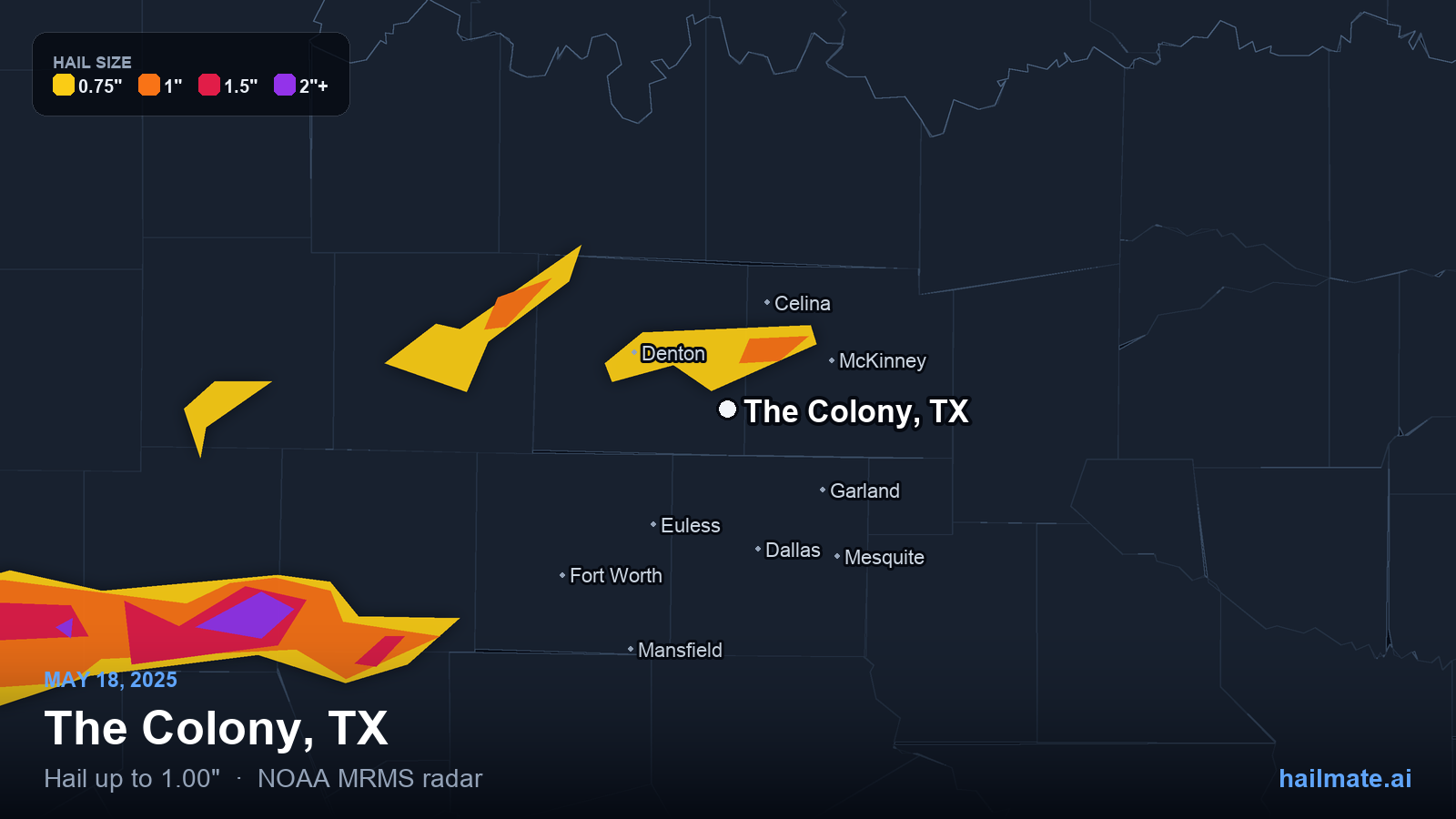 Hail swath map for The Colony, TX on May 18, 2025 showing 1.00 inch hail.