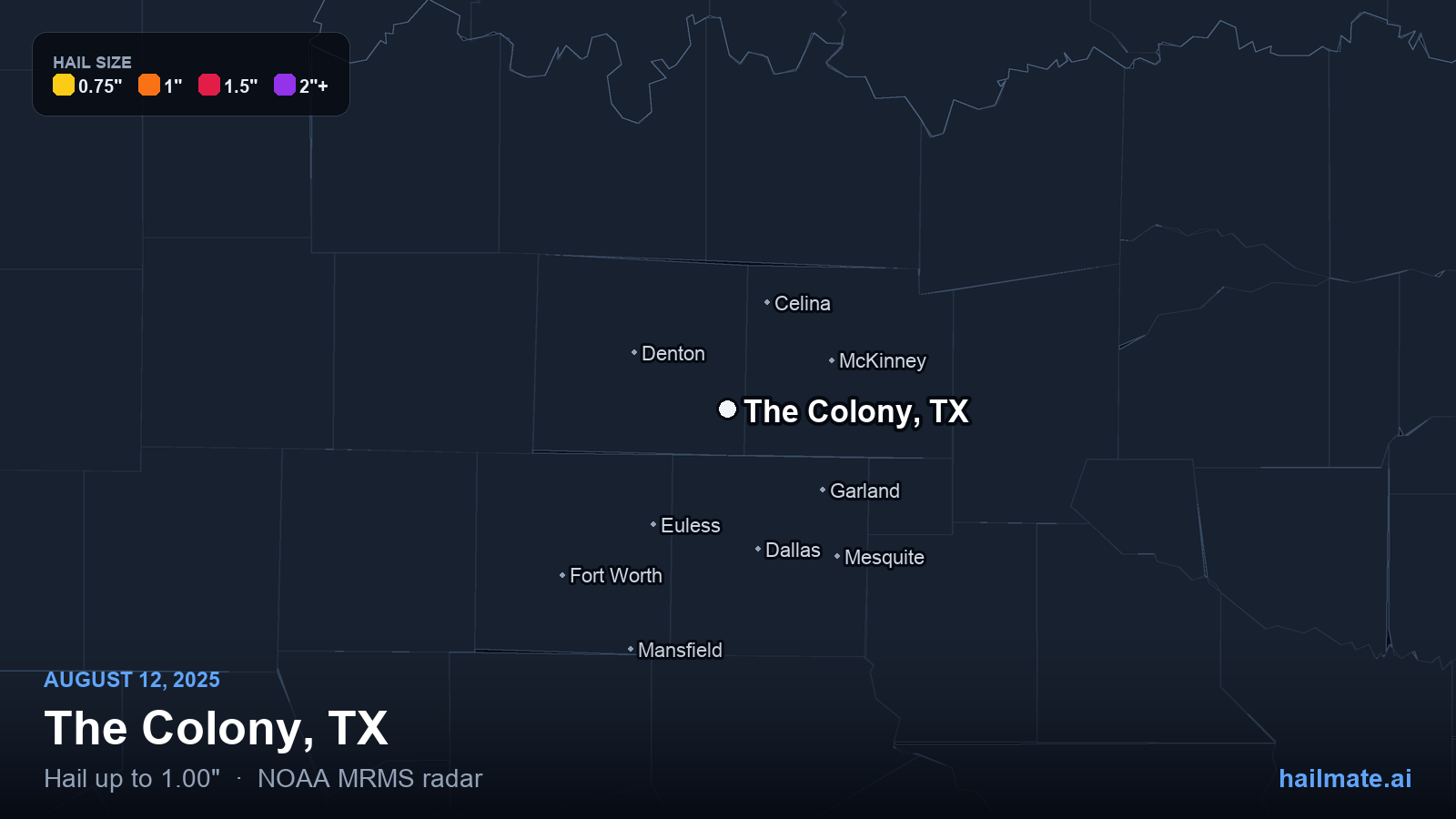 Hail swath map for The Colony, TX on August 12, 2025 showing 1.00 inch hail.