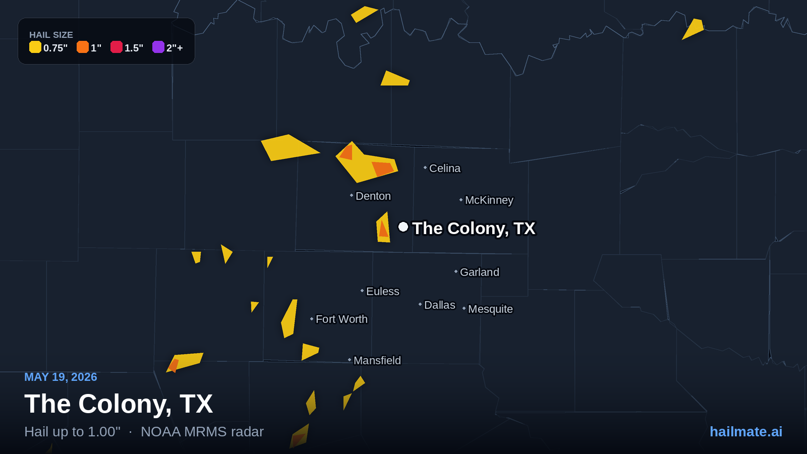 Hail swath map for The Colony, TX on May 19, 2026 showing 1.00 inch hail.