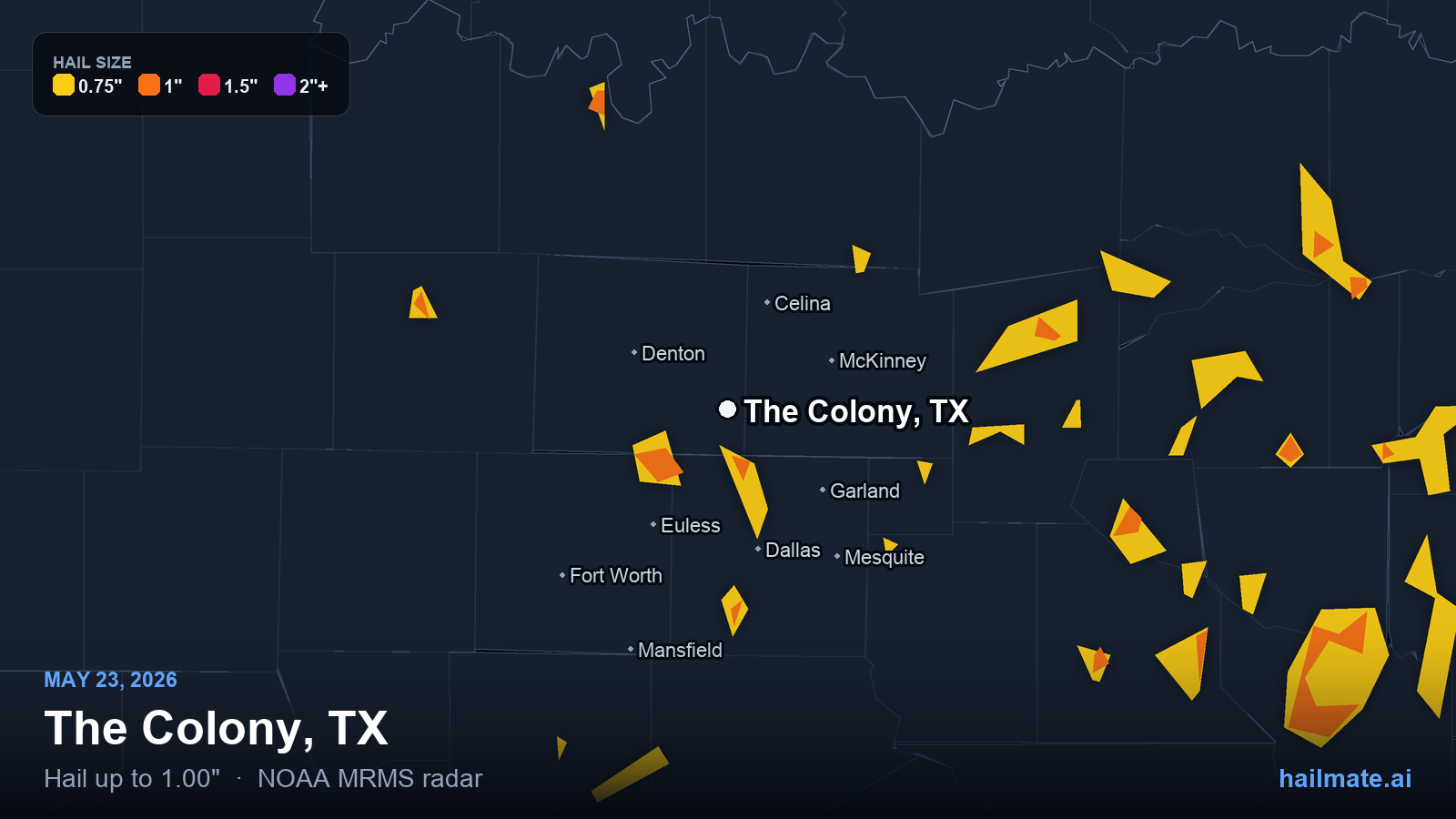 Hail swath map for The Colony, TX on May 23, 2026 showing 1.00 inch hail.