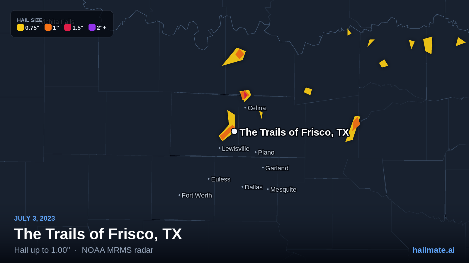 Hail swath map for The Trails of Frisco, TX on July 3, 2023 showing 1.00 inch hail.