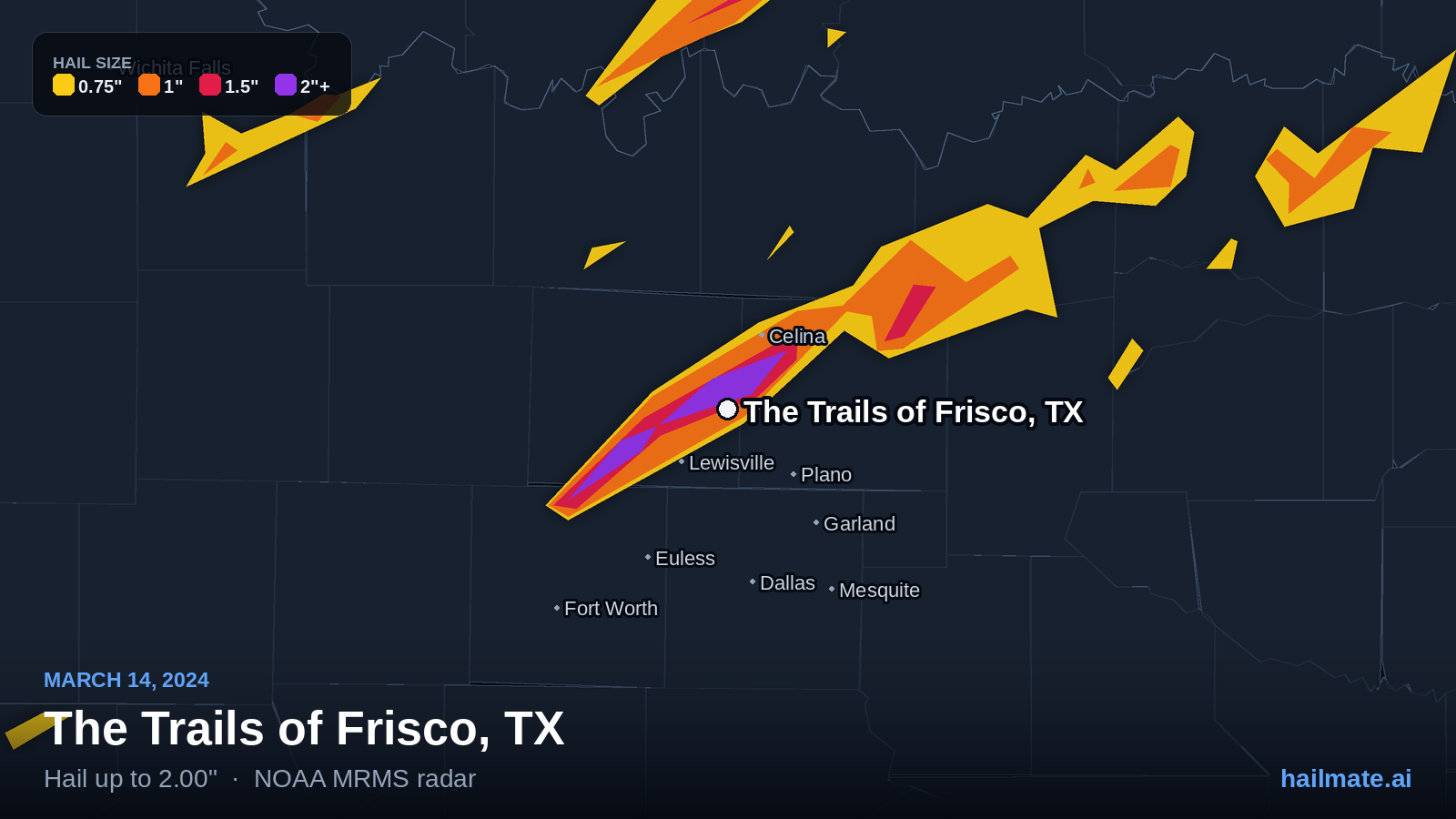 Hail swath map for The Trails of Frisco, TX on March 14, 2024 showing 2.00 inch hail.