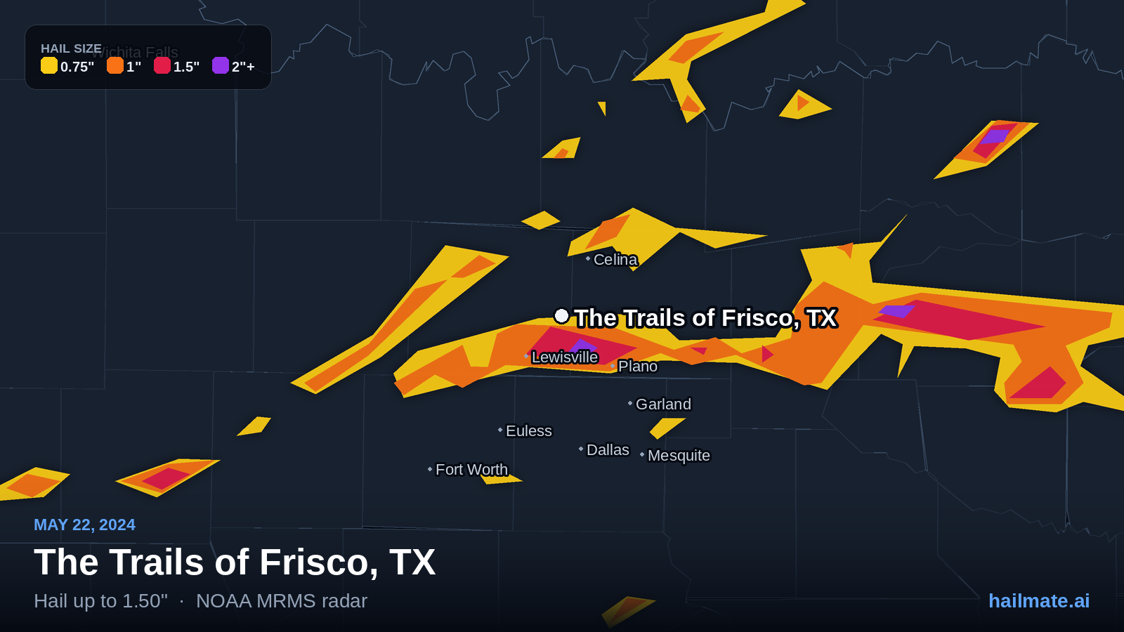 Hail swath map for The Trails of Frisco, TX on May 22, 2024 showing 1.50 inch hail.