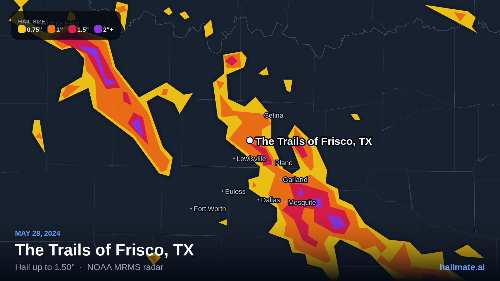 Hail swath map for The Trails of Frisco, TX on May 28, 2024 showing 1.50 inch hail.
