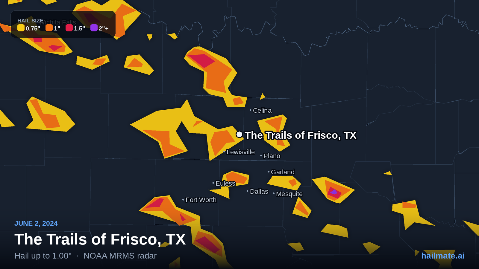 Hail swath map for The Trails of Frisco, TX on June 2, 2024 showing 1.00 inch hail.