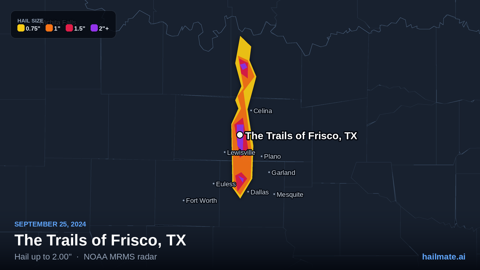 Hail swath map for The Trails of Frisco, TX on September 25, 2024 showing 2.00 inch hail.
