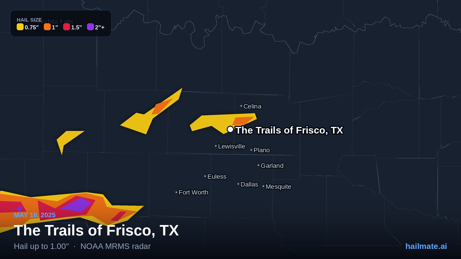 Hail swath map for The Trails of Frisco, TX on May 18, 2025 showing 1.00 inch hail.