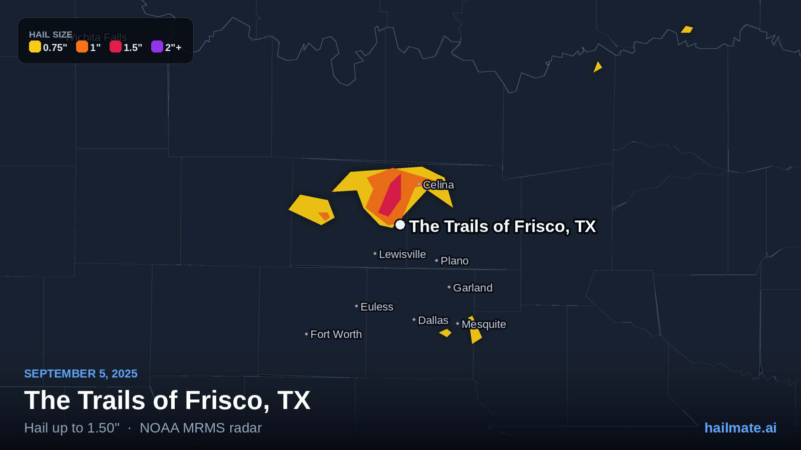 Hail swath map for The Trails of Frisco, TX on September 5, 2025 showing 1.50 inch hail.