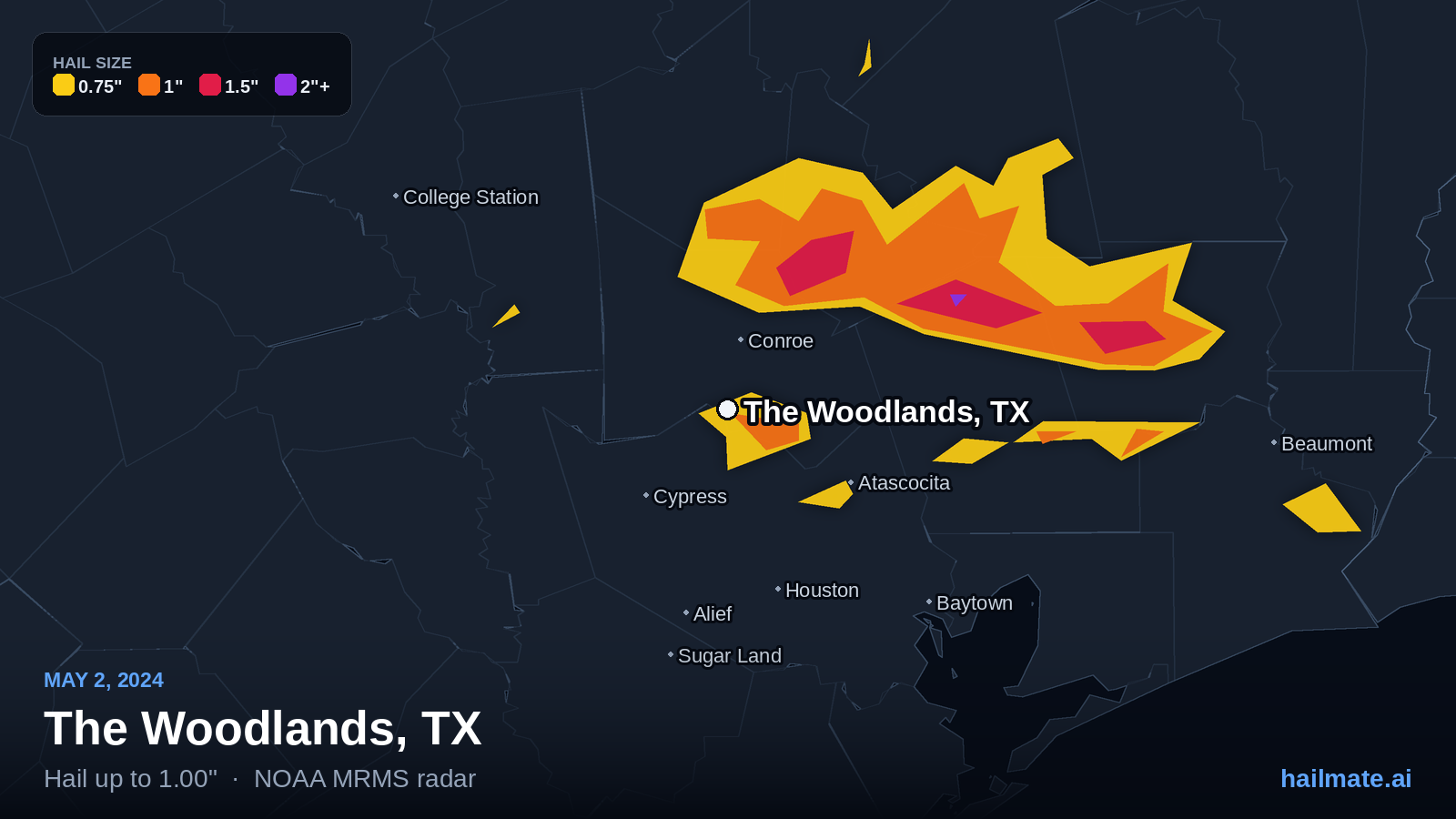 Hail swath map for The Woodlands, TX on May 2, 2024 showing 1.00 inch hail.