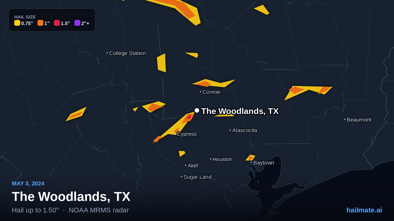 Hail swath map for The Woodlands, TX on May 3, 2024 showing 1.50 inch hail.