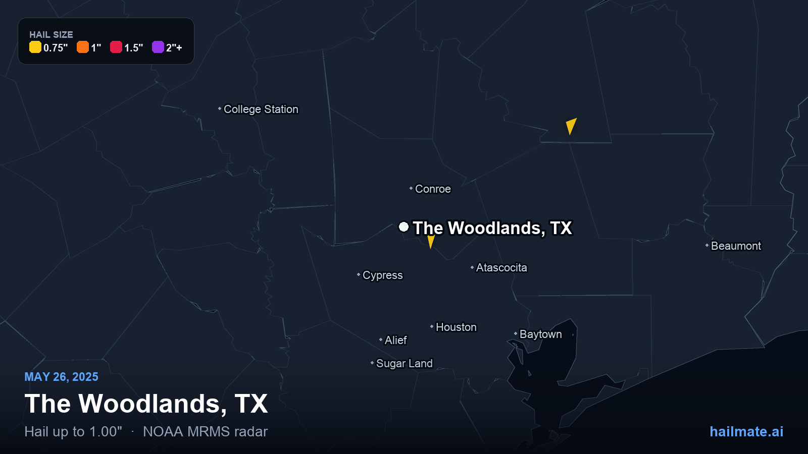 Hail swath map for The Woodlands, TX on May 26, 2025 showing 1.00 inch hail.