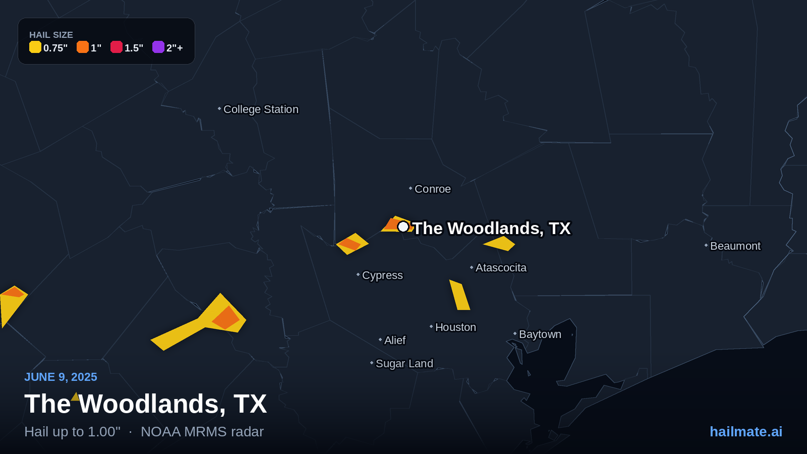 Hail swath map for The Woodlands, TX on June 9, 2025 showing 1.00 inch hail.