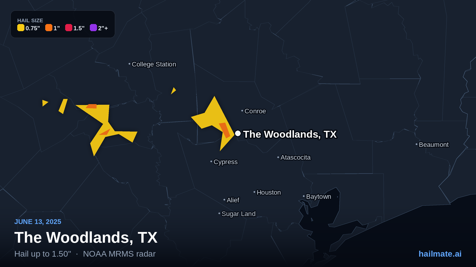 Hail swath map for The Woodlands, TX on June 13, 2025 showing 1.50 inch hail.