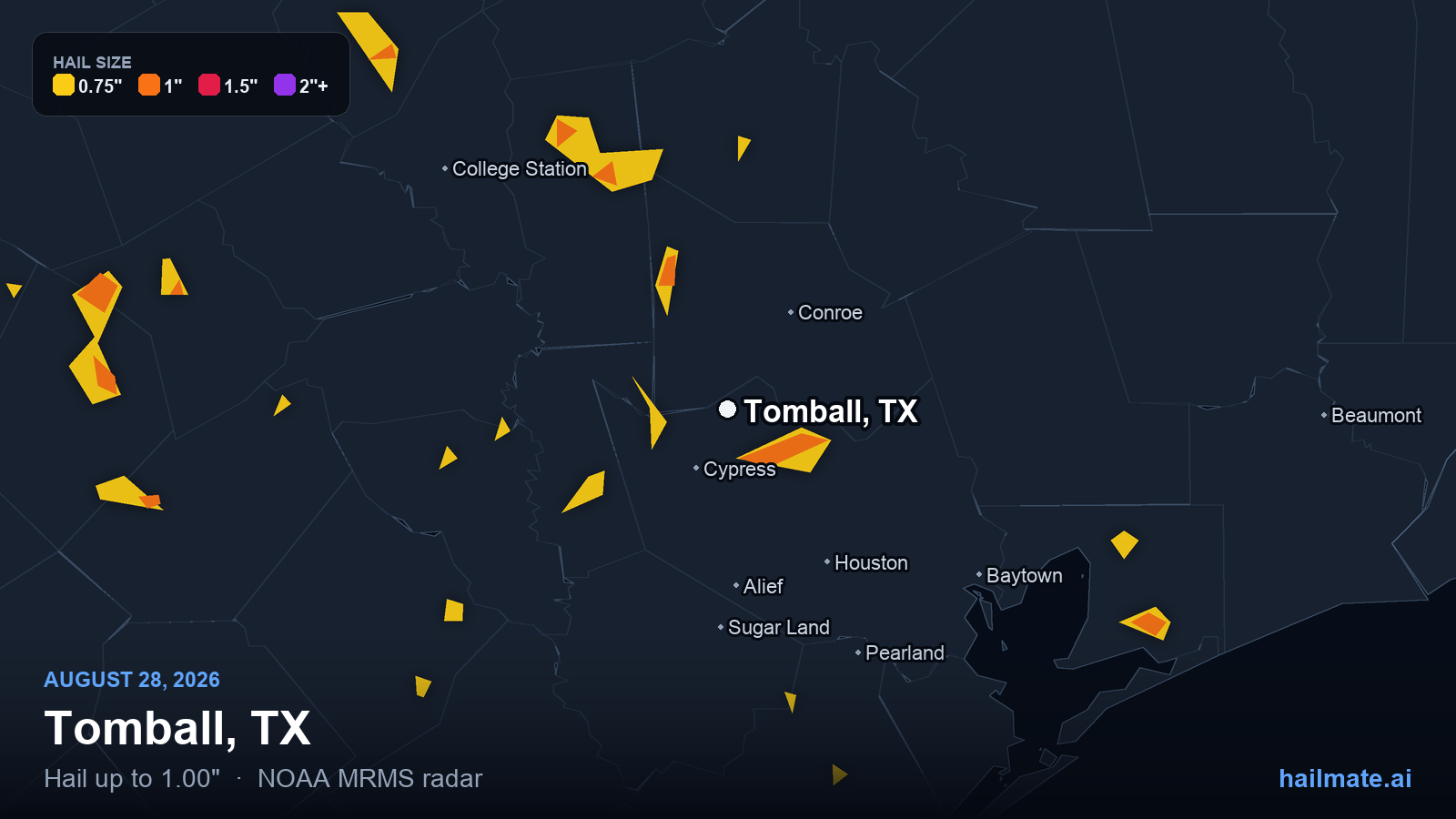 Hail swath map for Tomball, TX on August 28, 2026 showing 1.00 inch hail.