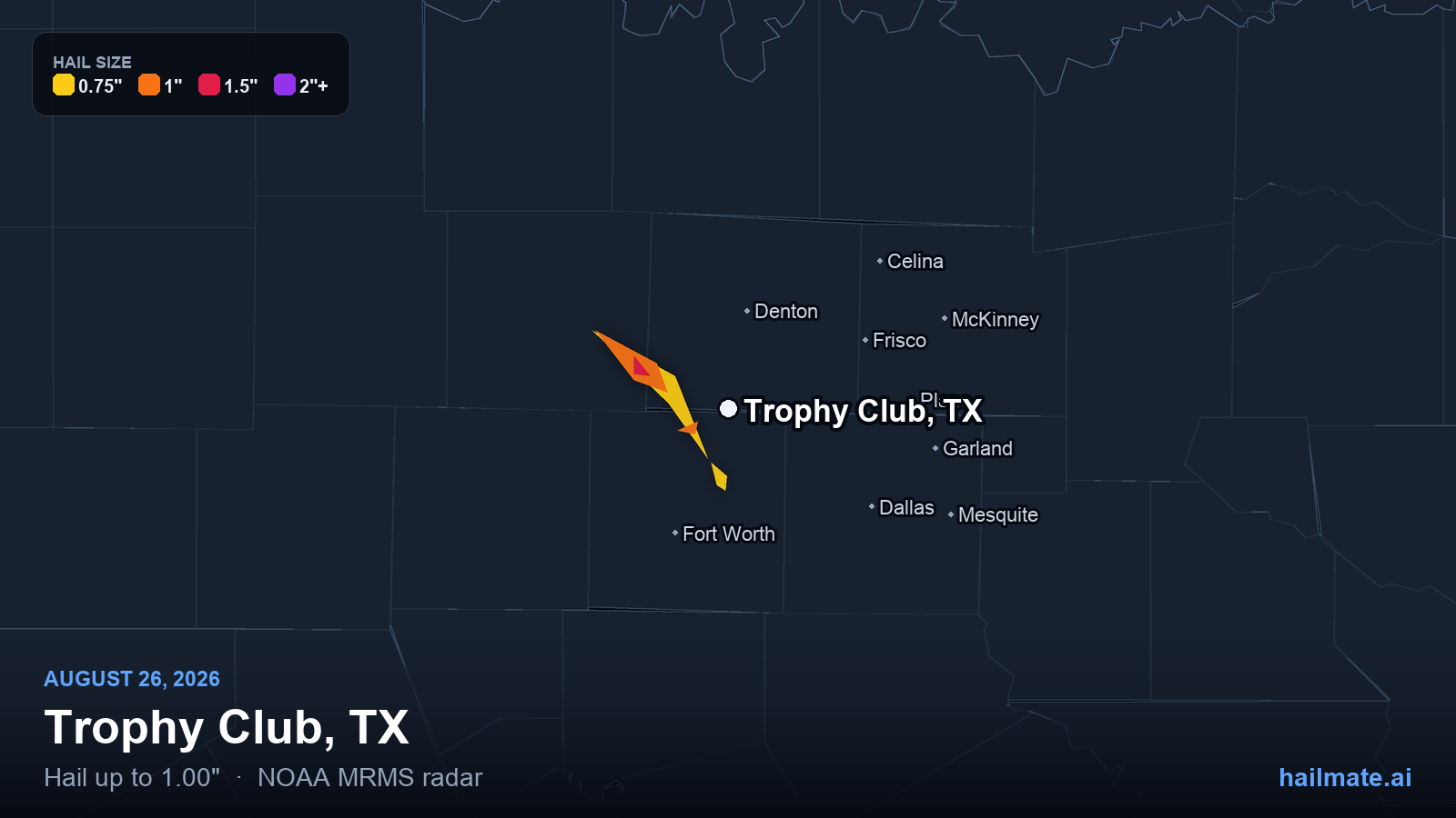 Hail swath map for Trophy Club, TX on August 26, 2026 showing 1.00 inch hail.