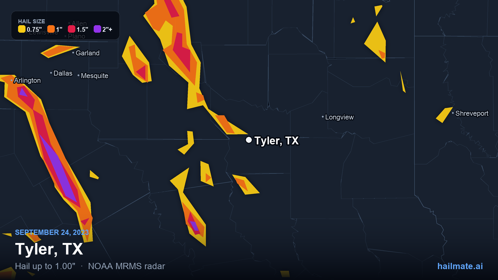 Hail swath map for Tyler, TX on September 24, 2023 showing 1.00 inch hail.