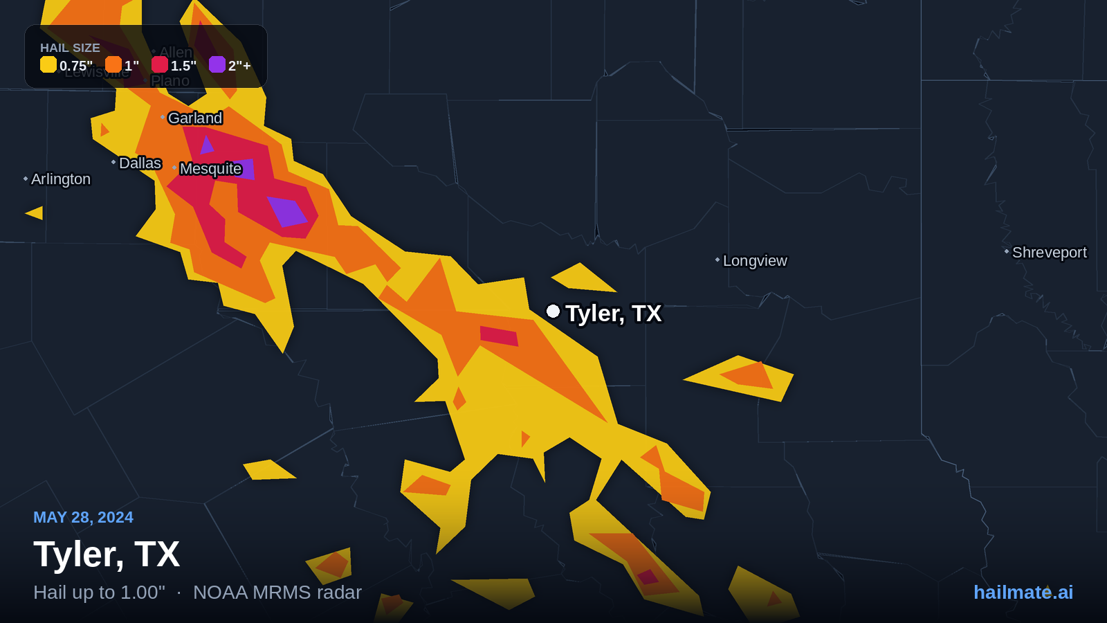 Hail swath map for Tyler, TX on May 28, 2024 showing 1.00 inch hail.