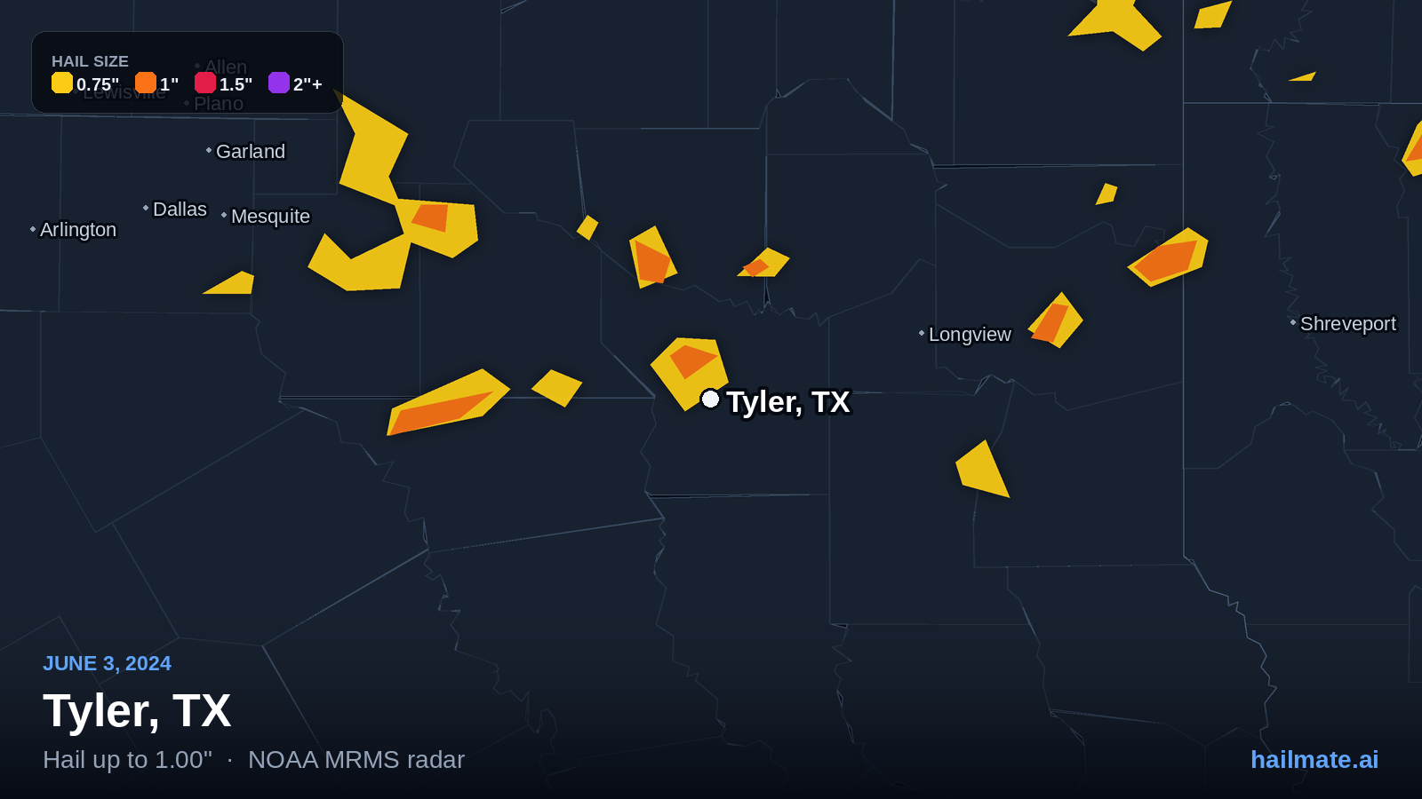 Hail swath map for Tyler, TX on June 3, 2024 showing 1.00 inch hail.