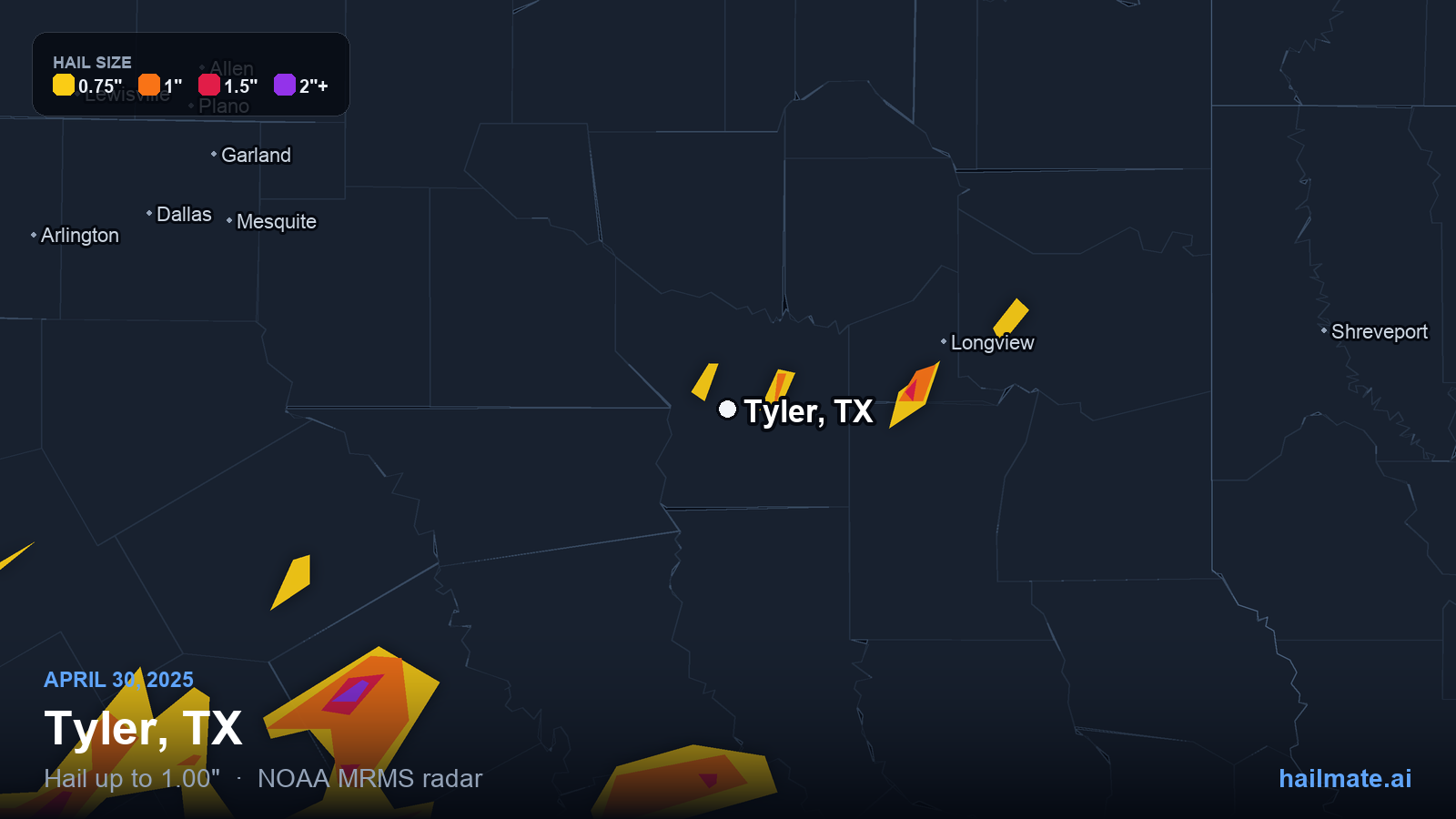 Hail swath map for Tyler, TX on April 30, 2025 showing 1.00 inch hail.