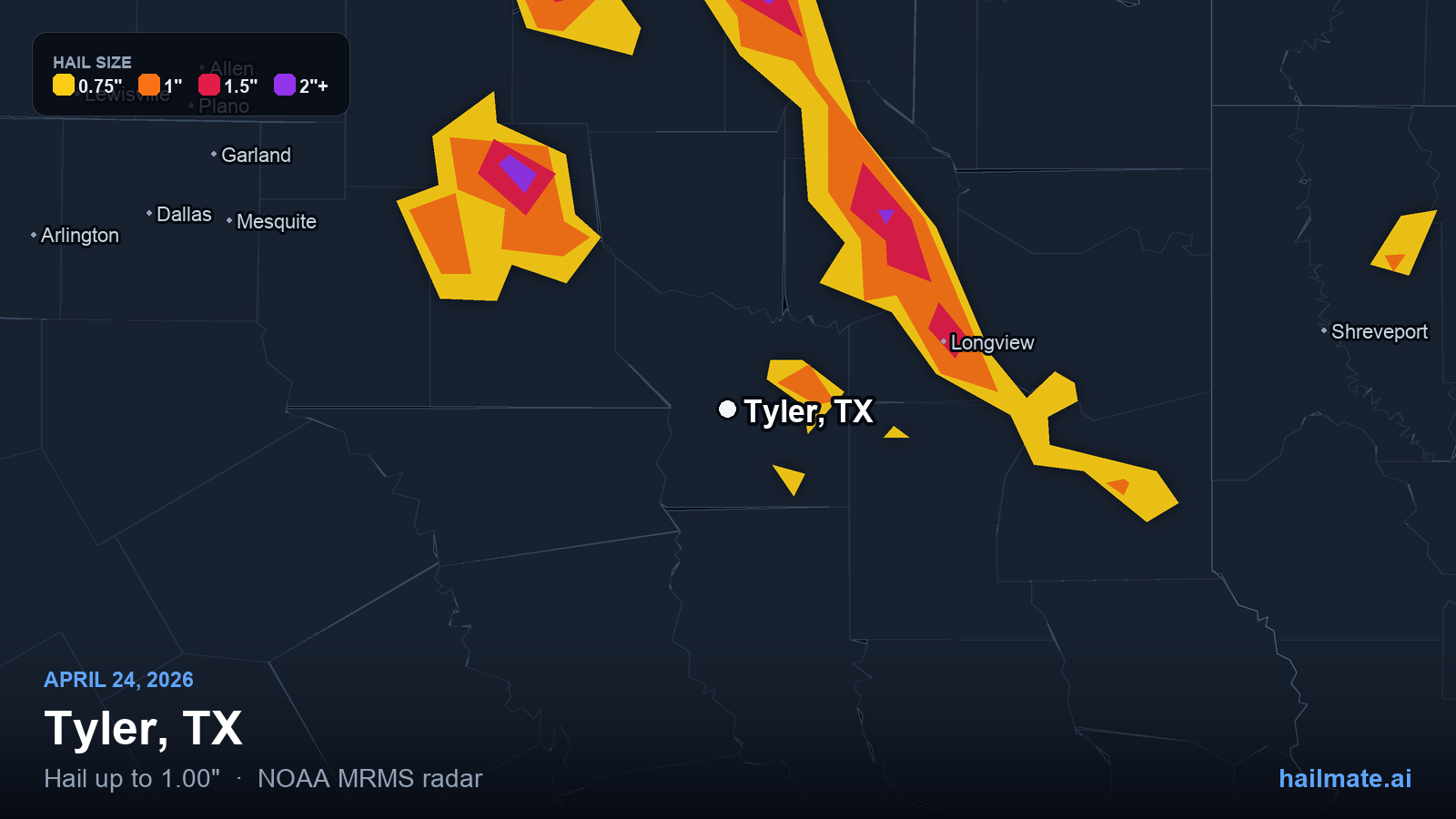 Hail swath map for Tyler, TX on April 24, 2026 showing 1.00 inch hail.