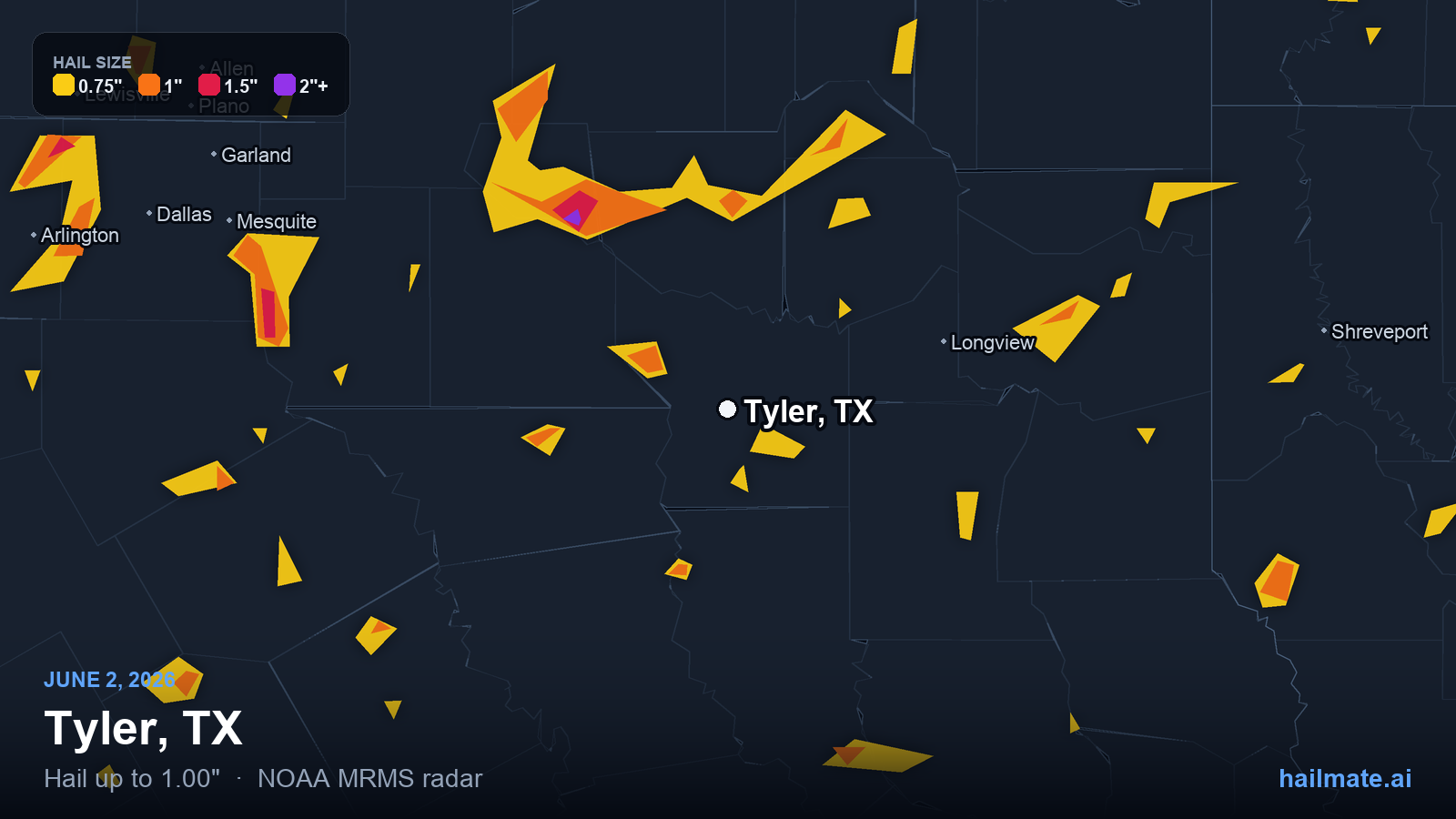 Hail swath map for Tyler, TX on June 2, 2026 showing 1.00 inch hail.