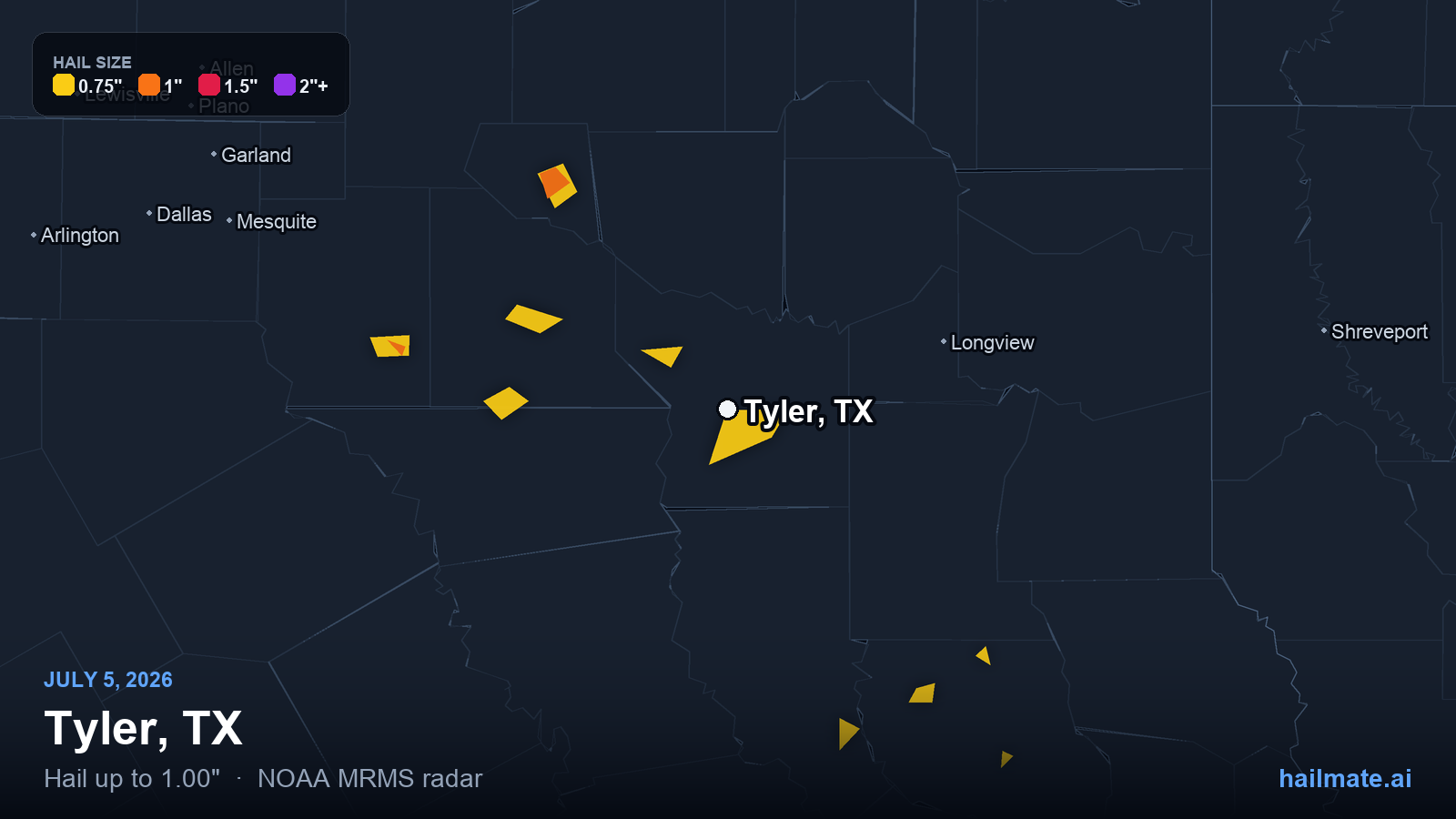 Hail swath map for Tyler, TX on July 5, 2026 showing 1.00 inch hail.