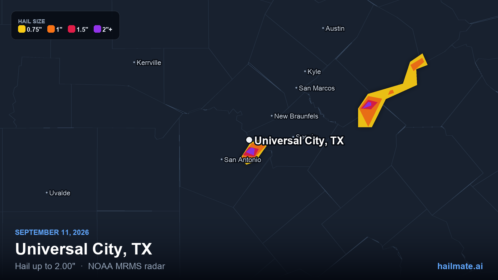 Hail swath map for Universal City, TX on September 11, 2026 showing 2.00 inch hail.