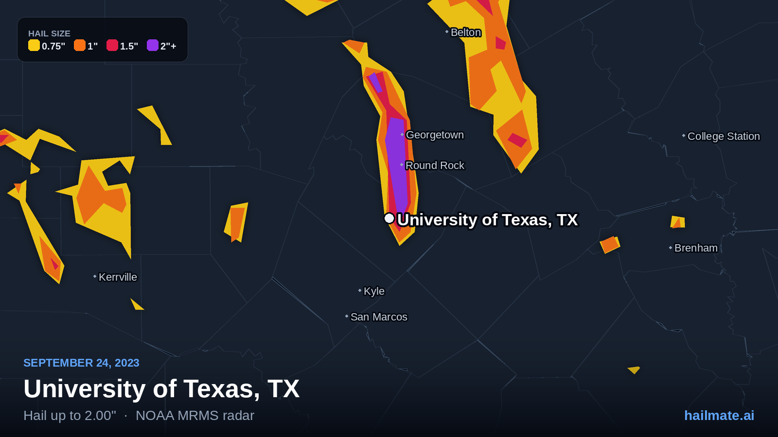 Hail swath map for University of Texas, TX on September 24, 2023 showing 2.00 inch hail.