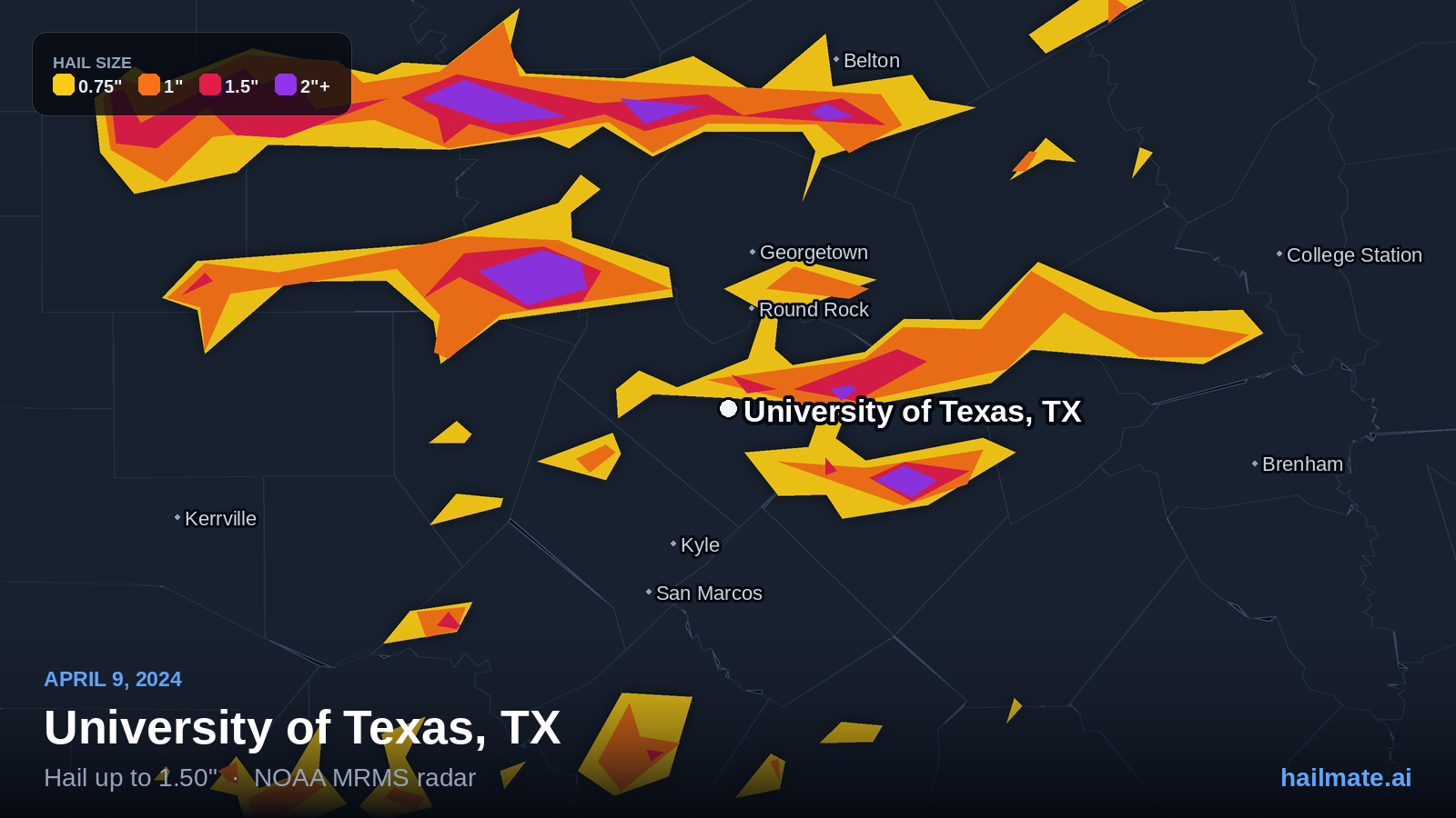 Hail swath map for University of Texas, TX on April 9, 2024 showing 1.50 inch hail.