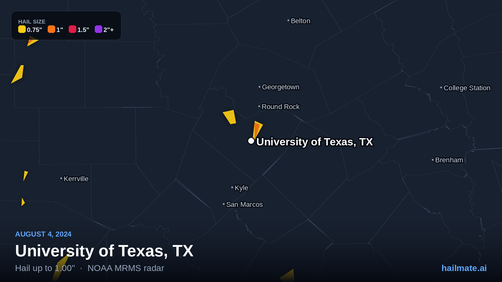 Hail swath map for University of Texas, TX on August 4, 2024 showing 1.00 inch hail.