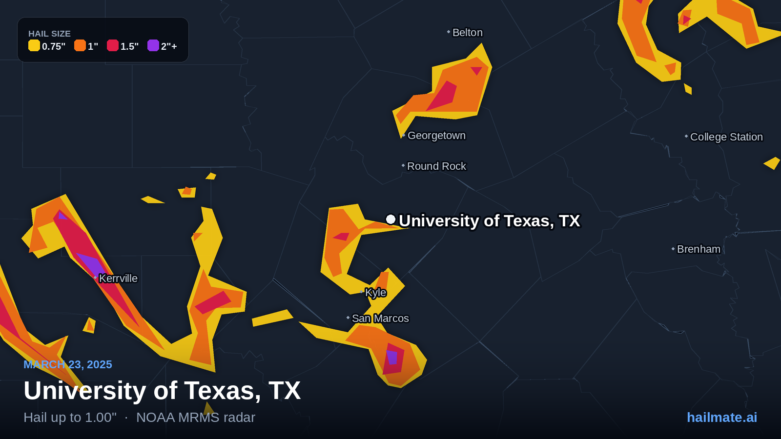 Hail swath map for University of Texas, TX on March 23, 2025 showing 1.00 inch hail.