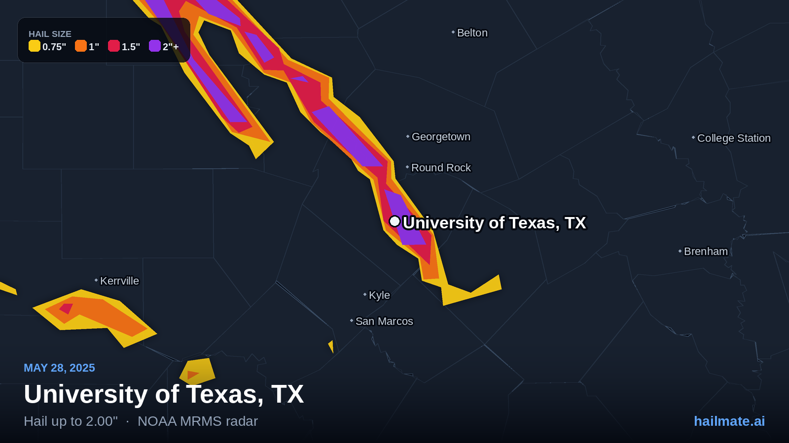 Hail swath map for University of Texas, TX on May 28, 2025 showing 2.00 inch hail.