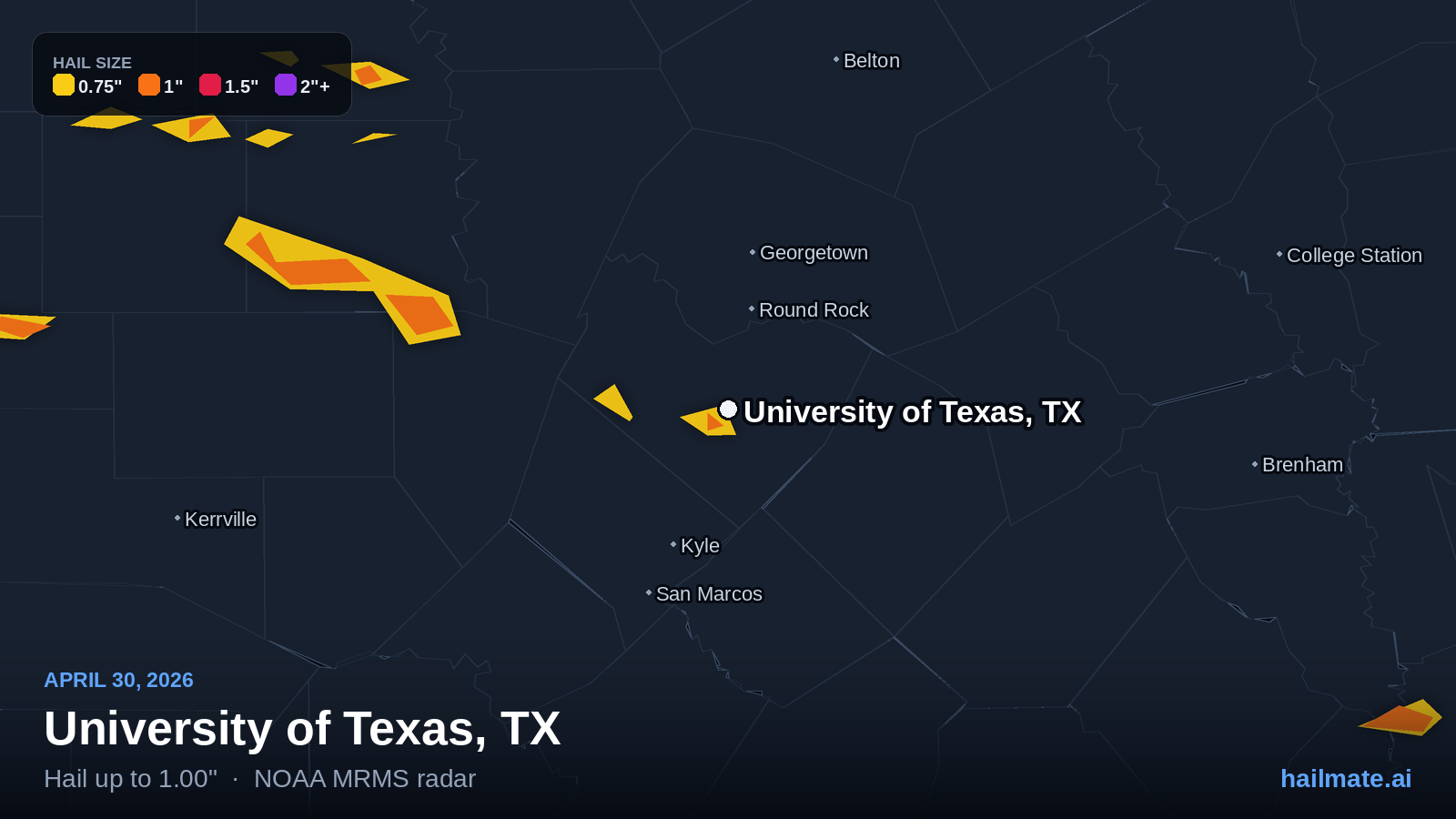Hail swath map for University of Texas, TX on April 30, 2026 showing 1.00 inch hail.