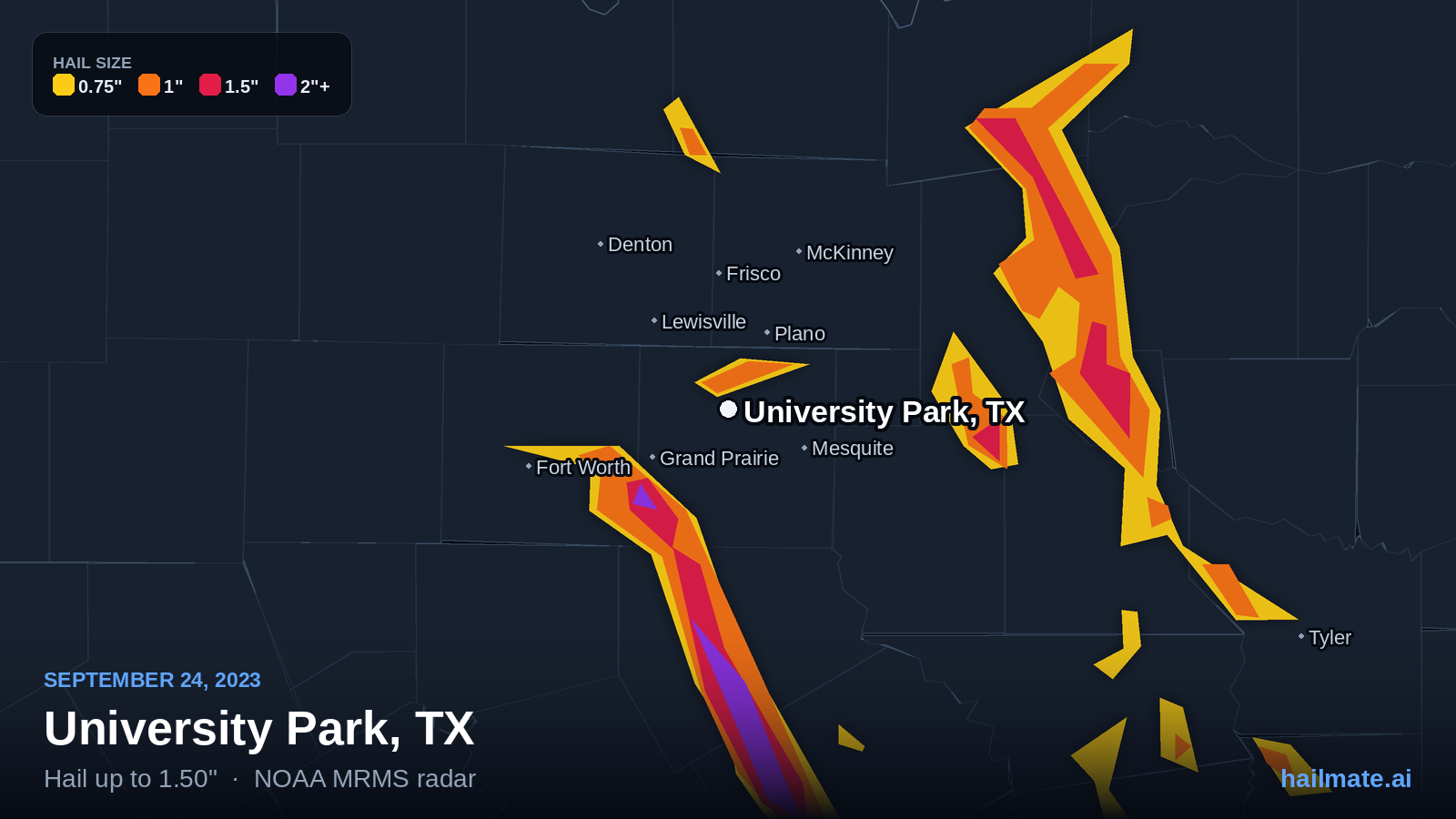 Hail swath map for University Park, TX on September 24, 2023 showing 1.50 inch hail.
