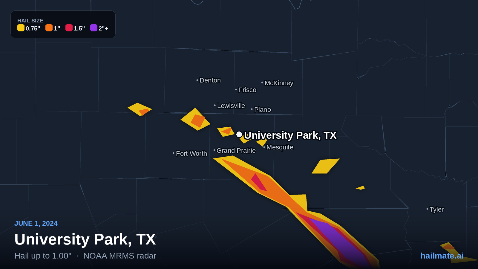 Hail swath map for University Park, TX on June 1, 2024 showing 1.00 inch hail.