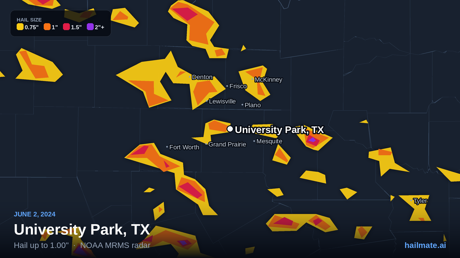 Hail swath map for University Park, TX on June 2, 2024 showing 1.00 inch hail.