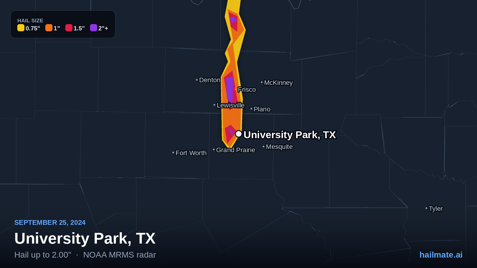 Hail swath map for University Park, TX on September 25, 2024 showing 2.00 inch hail.