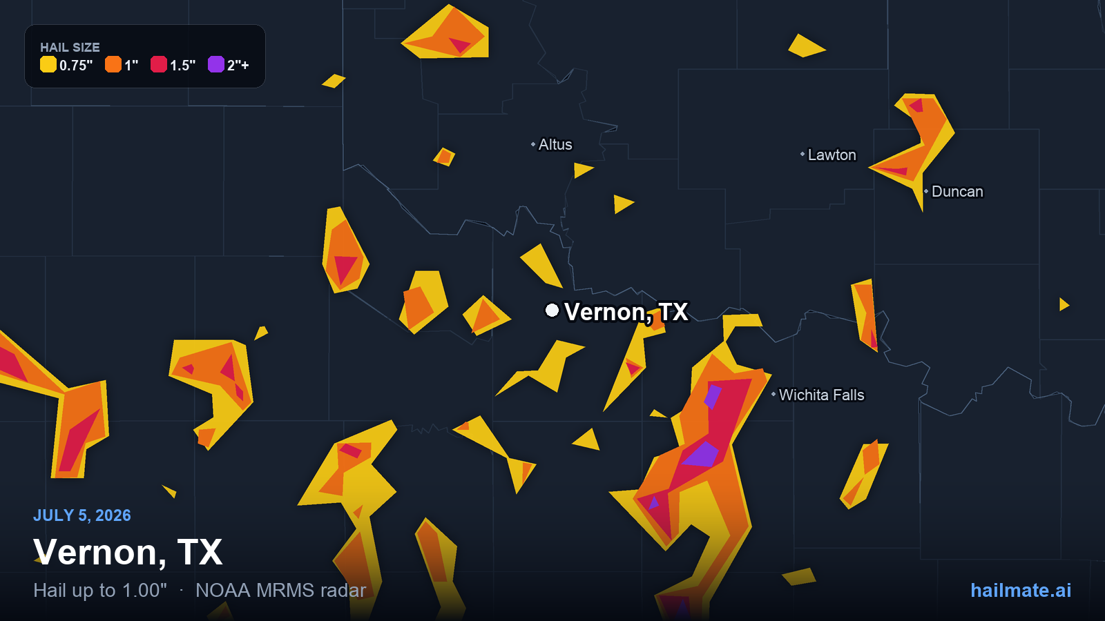 Hail swath map for Vernon, TX on July 5, 2026 showing 1.00 inch hail.