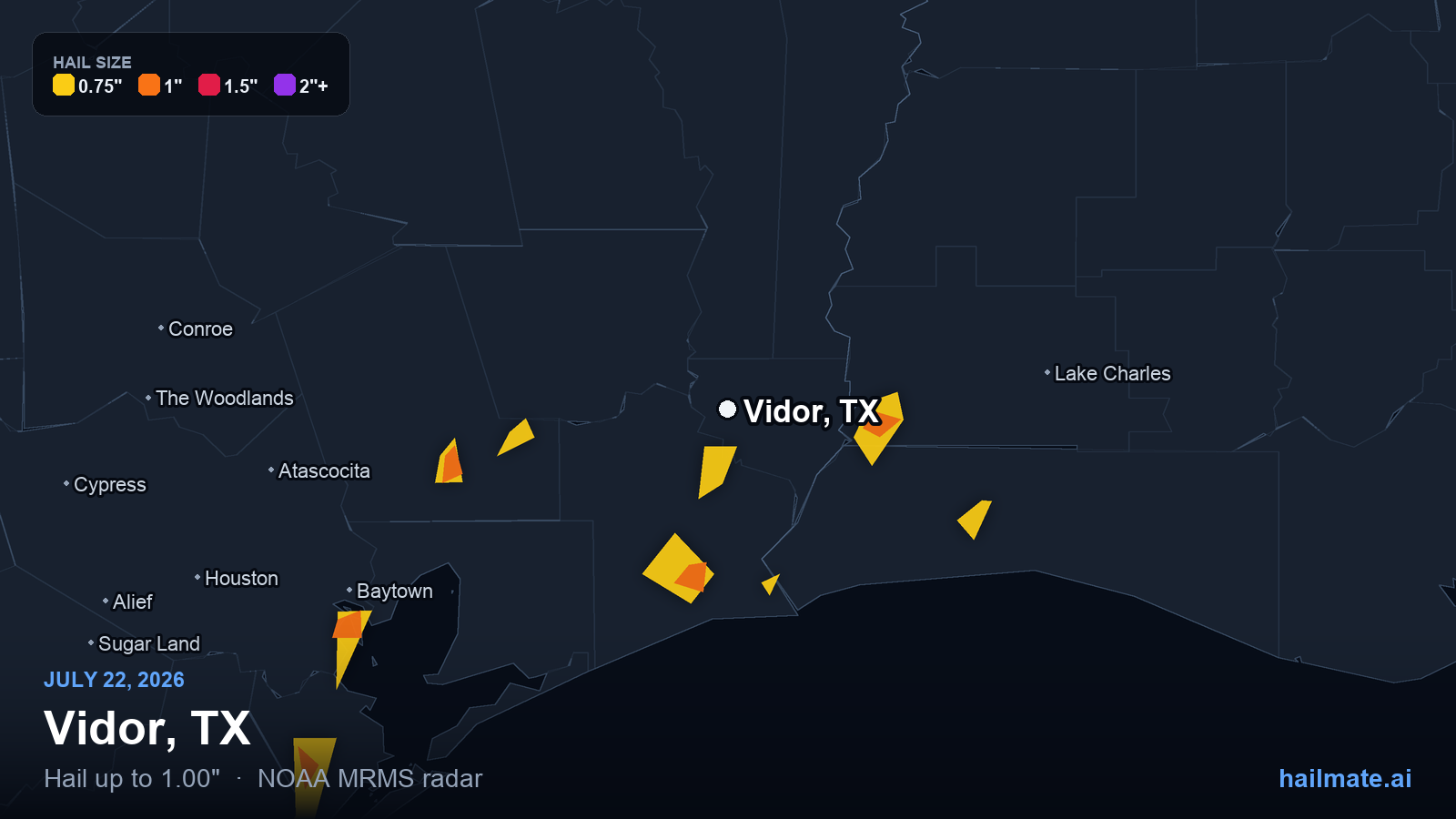 Hail swath map for Vidor, TX on July 22, 2026 showing 1.00 inch hail.