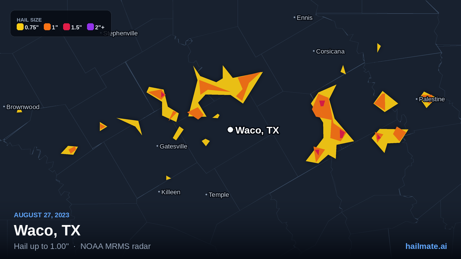 Hail swath map for Waco, TX on August 27, 2023 showing 1.00 inch hail.