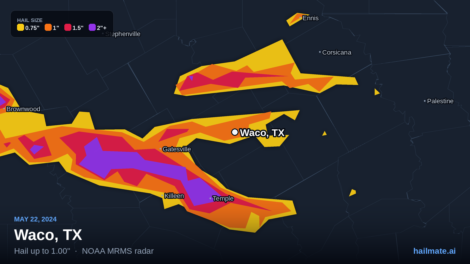 Hail swath map for Waco, TX on May 22, 2024 showing 1.00 inch hail.