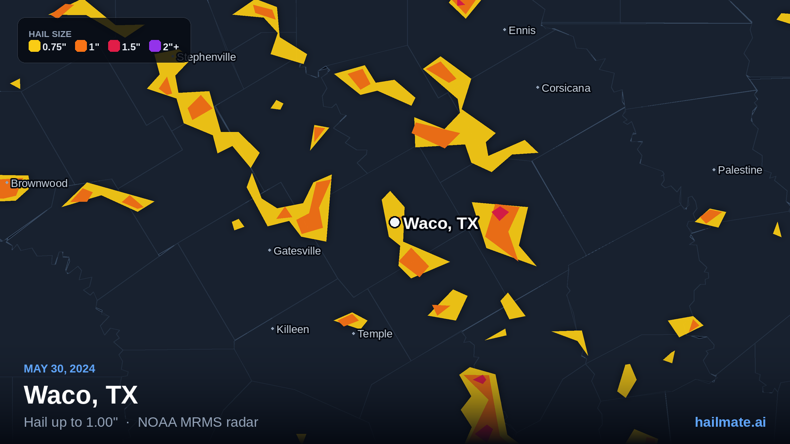 Hail swath map for Waco, TX on May 30, 2024 showing 1.00 inch hail.