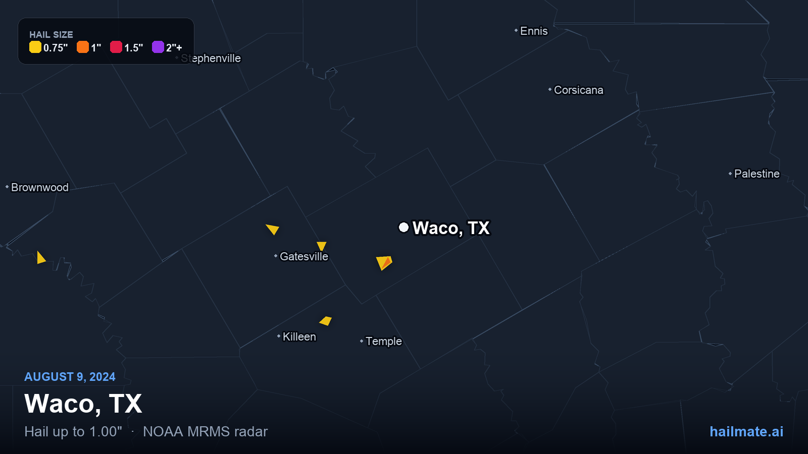 Hail swath map for Waco, TX on August 9, 2024 showing 1.00 inch hail.