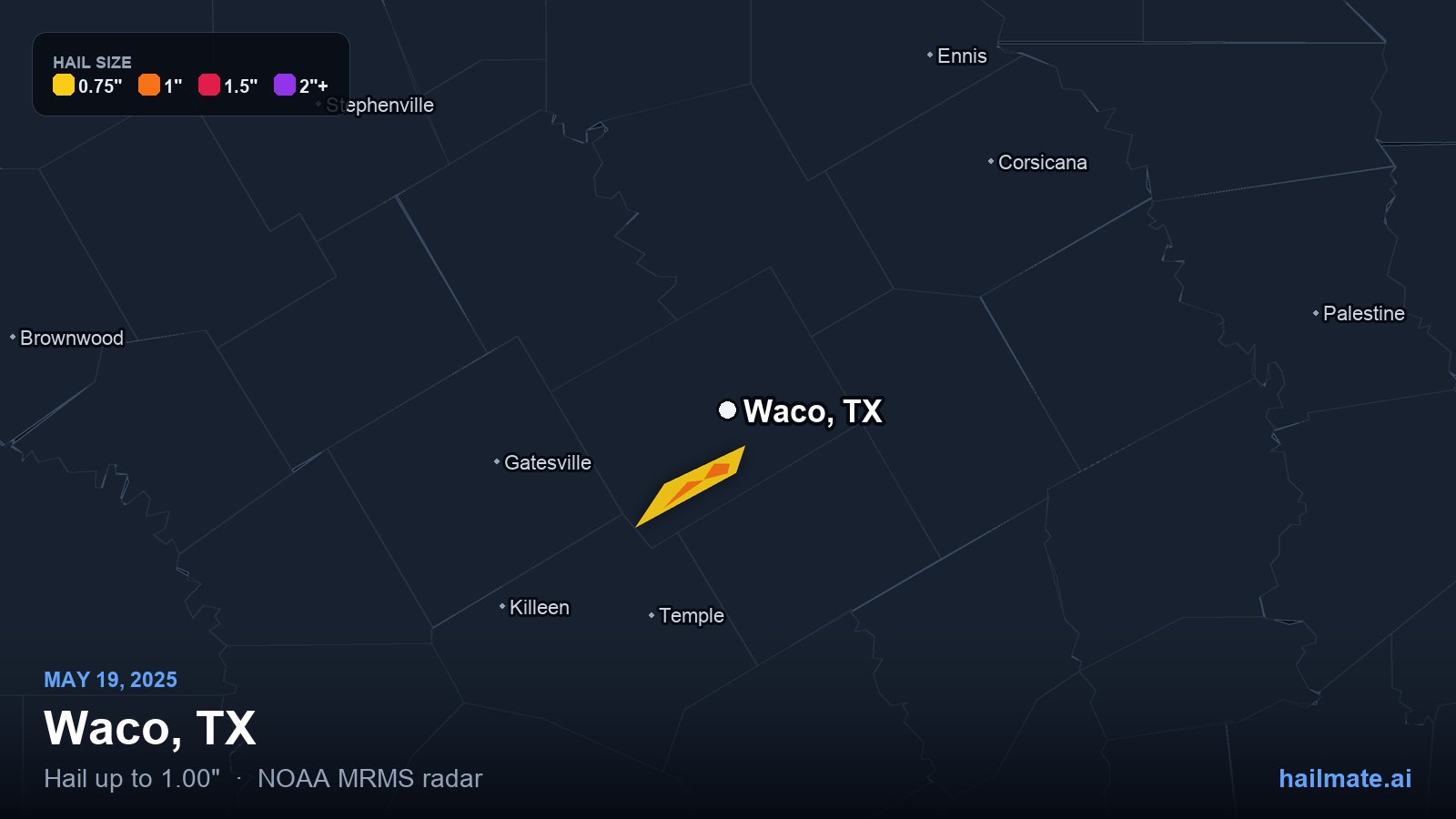 Hail swath map for Waco, TX on May 19, 2025 showing 1.00 inch hail.